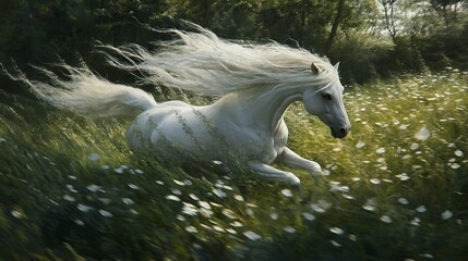 Fototapeta premium A clean white-style image of A photorealistic image of a horse galloping through a meadow. 