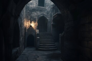 A dimly lit stone corridor with stairs, evoking a medieval or fantasy atmosphere.