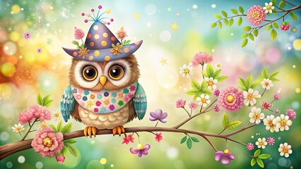 A whimsical owl in a festive floral hat perched on a blossoming branch, surrounded by vibrant spring flowers and sparkling bokeh effects.
