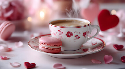 Fototapeta premium A cozy cup of coffee with a pink macaroon, surrounded by heart-shaped decorations and petals, creating a romantic ambiance.