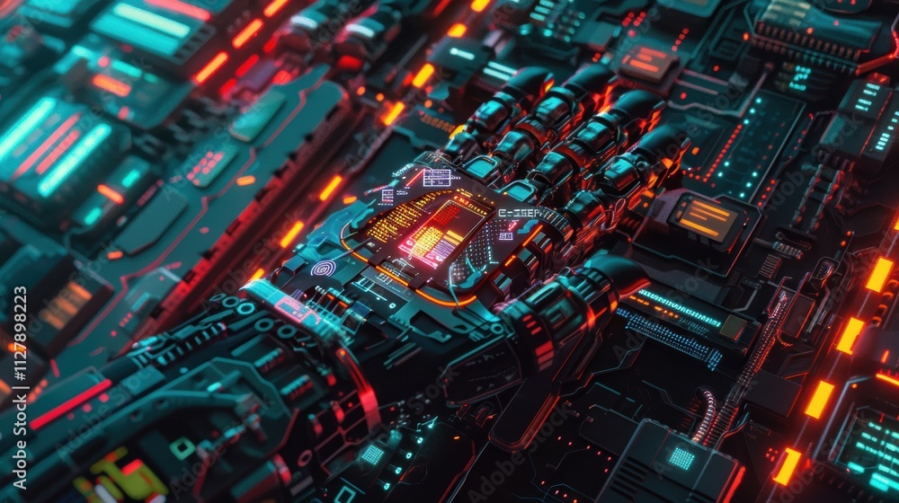 Poster a hand made of electronic components is displayed in a colorful. generative ai