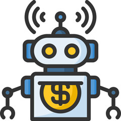 Animated robot advisor with robot and money sign. Suitable for finance, technology, blockchain, digital, connected, online, system, internet, big data, web, fintech, cyberspace and business