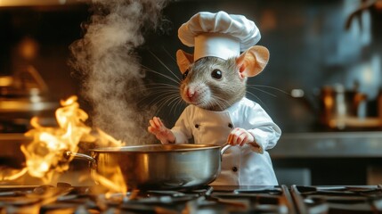 A cartoonish rat chef cooking in a kitchen, surrounded by smoke and flames.