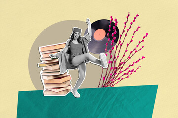 Creative art banner collage of happy hipster girl dance retro occasion event vinyl disk playlist...