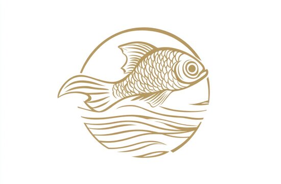 recommend clip art: Gold line art fish leaping over waves in a circle.