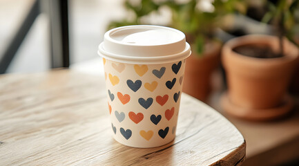 A decorative coffee cup with heart patterns sits on a wooden table, surrounded by potted plants, creating a cozy atmosphere.