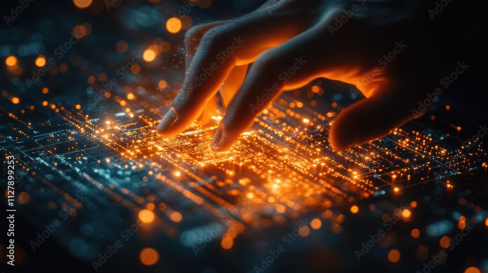 Poster a hand is touching a glowing screen with a lot of dots. generative ai