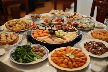 Obraz premium A Lavish Chinese Reunion Dinner Feast with an Array of Delicious Dishes