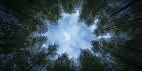 Fototapeta premium A serene view from below a lush forest canopy showcasing towering trees against a soft, cloudy sky, evoking a sense of peace and connection with nature.