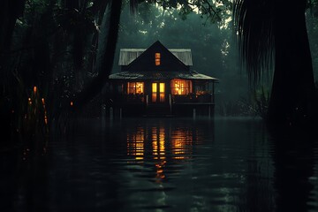 Fototapeta premium A serene, illuminated house surrounded by water in a misty, atmospheric landscape.