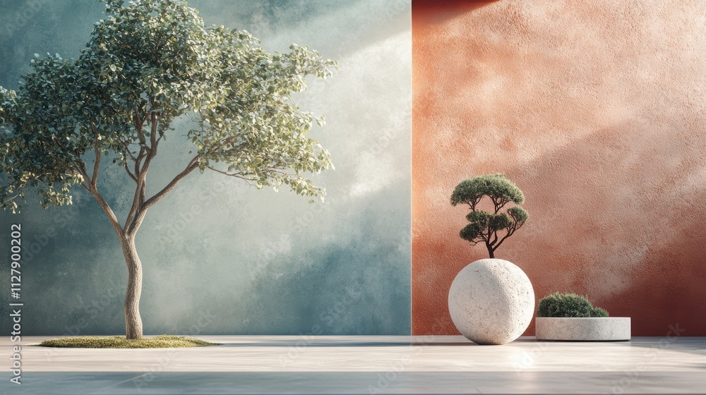 Poster a tree is in front of a wall with a red and blue color scheme. generative ai