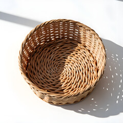 Fototapeta premium Handcrafted woven basket with intricate patterns casting elegant shadows on a bright surface, photography of still life concept.