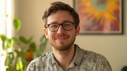 Young man with glasses smiling in bright room surrounded by greenery and colorful artwork on the wall