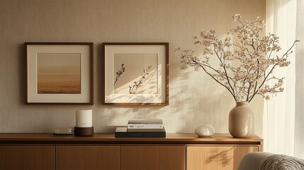 Elegant Minimalist Interior with Framed Art and Decorative Vase on Wooden Sideboard in Sunlit Modern Living Room