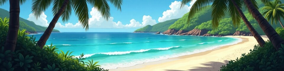 Fototapeta premium Turquoise beach scene shows calm turquoise sea waves gently lapping at sandy beach. Rich tropical palm trees line shore, green hills form backdrop. People relaxing on beach. Sunny day. Vacation