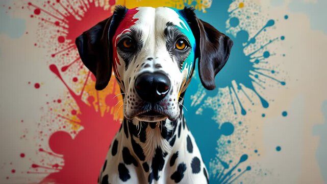 Dalmatian covered in colorful paint splashes against abstract background