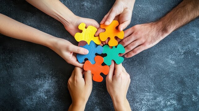 Diverse Hands Collaborating to Assemble Colorful Puzzle Pieces for Mental Health Support and Crisis Response