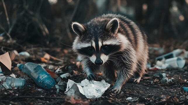 A clean white-style image of A photorealistic image of a raccoon rummaging through trash. 