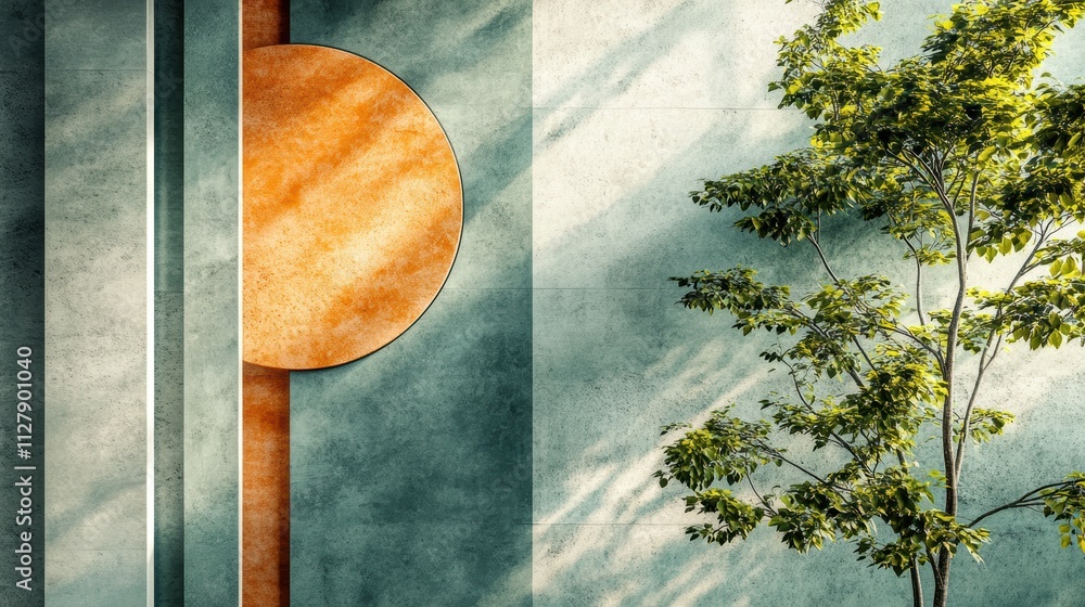 Aufkleber a tree is in front of a building with a circular design on the wall. generative ai