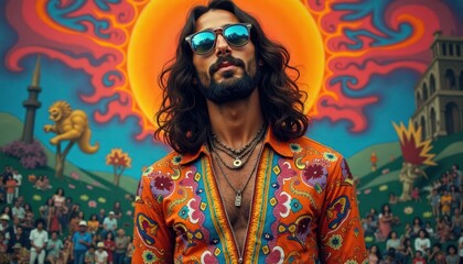 Hippie man in 1970s style clothing poses against colorful psychedelic backdrop. Vibrant patterns, bold colors create vintage vibe. Crowd of people gathered in background. Image evokes sense of peace,