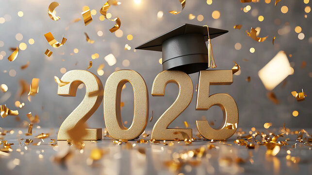 Golden "2025" numbers with a graduation cap placed on top, surrounded by falling gold confetti and sparkling lights. Festive and celebratory composition. Graduation and academic milestone concept