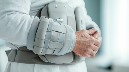 surgery recovery innovation concept, A person wearing a medical brace on their arm, indicating a focus on rehabilitation and support for injuries.