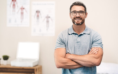 Physiotherapist, portrait and office for sport, exercise or body care in wellness, help or gym at...
