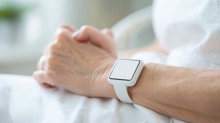 surgery recovery innovation concept, A close-up of a person's hand resting with a white smartwatch on the wrist, suggesting a focus on technology and personal health monitoring.