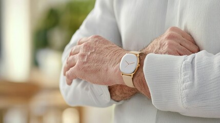 surgery recovery innovation concept, A close-up of an elderly person's hands crossed, wearing an elegant watch, highlighting the beauty of time and craftsmanship.