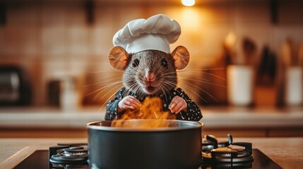 A cute mouse dressed as a chef, stirring a pot on the stove with flames rising.