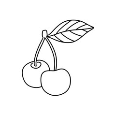 Ripe two cherries with leaves. Thin line illustration