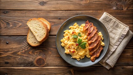 Scrumptious Breakfast of Fluffy Scrambled Eggs with Crispy Bacon and Toasted Bread Slices on Rustic Wooden Table