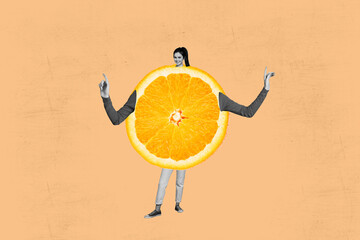 3d sketch poster trend collage image of happy girl wear orange fruit nutrition slice lemon tropical...