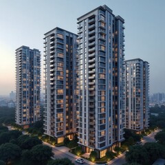 Naklejka premium Modern apartment buildings stand tall against twilight sky. Elegant exteriors, lit windows display contemporary design. Residential complex in urban setting. Urban architecture style showcased in
