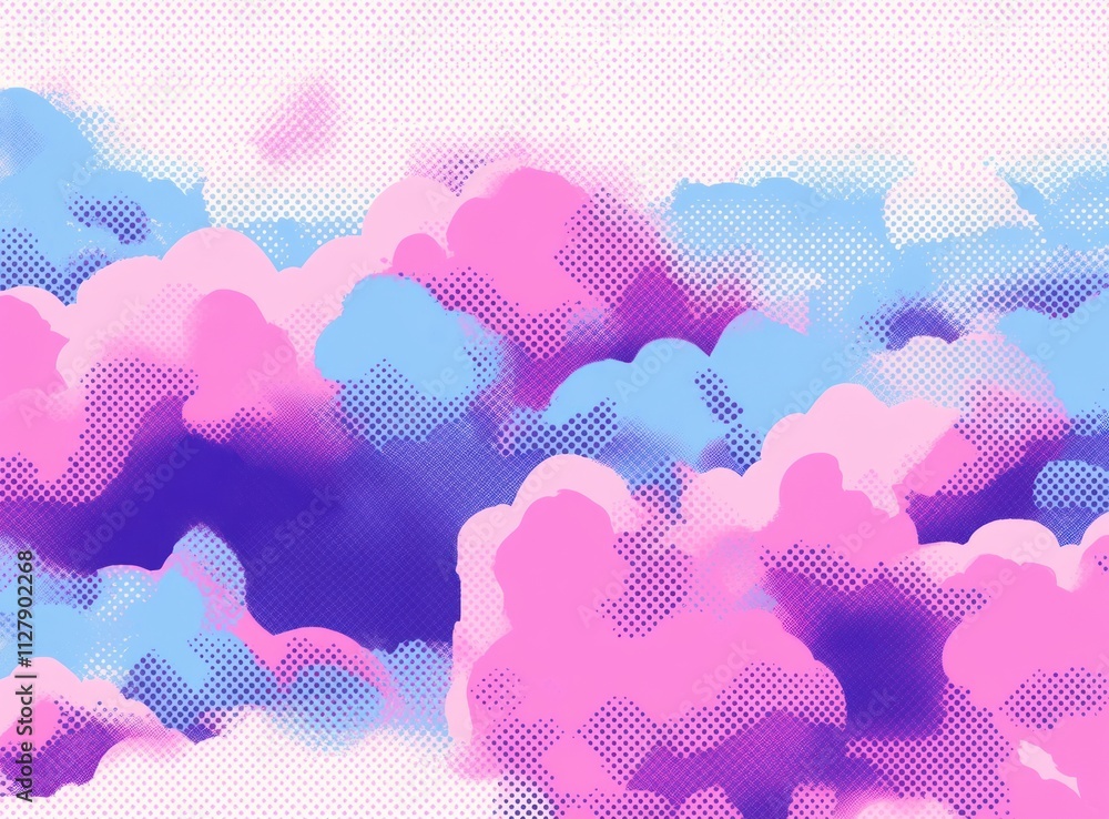 Poster colorful playful abstract seamless pattern with soft pink and blue clouds and halftone dots