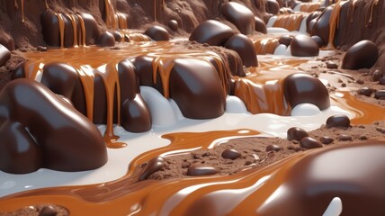 an illustration of melting chocolate river in candy world