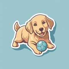 Adorable golden retriever puppy playing with a blue ball.