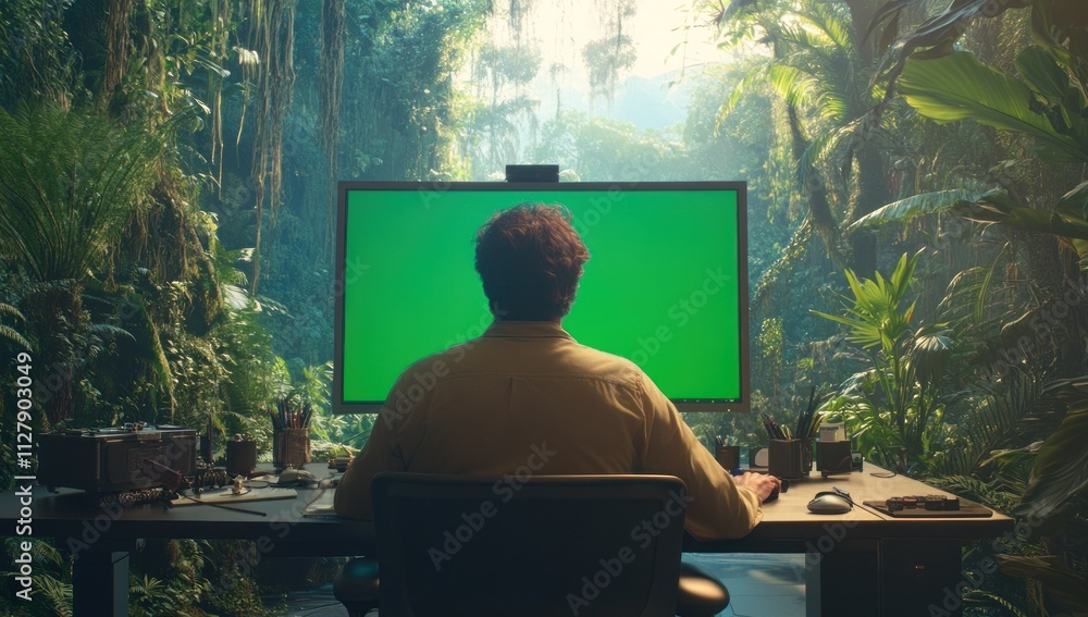 Poster Man works on green screen computer in jungle setting.