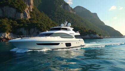 Luxury motor yacht sailing calm tropical waters between rocky coast and green hills. Luxurious vessel cruises in crystal clear sea. Sunny day. Vacation mood. Travel concept.