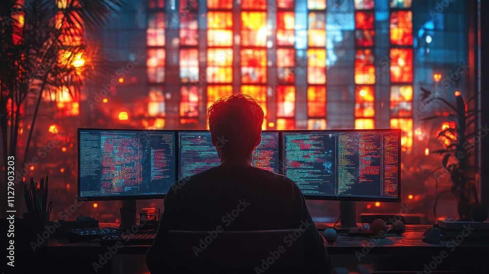 Poster caucasian female software engineer coding on multiple screens in modern coworking office space