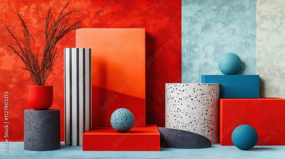 Poster a colorful display of various shapes and sizes, including a red square. generative ai