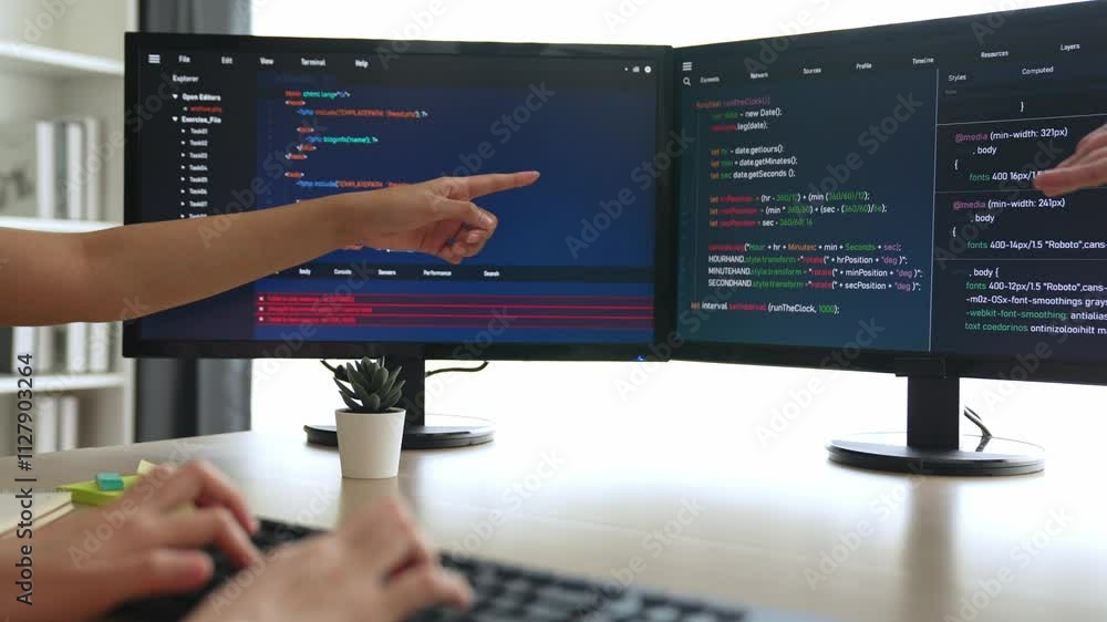 Poster slow motion back end software developer engineer for computer programming working together on debugg