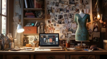An ultra-detailed, photorealistic high-resolution 8k image of a fashion designer's workspace
