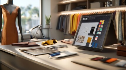 An ultra-detailed, photorealistic high-resolution 8k image of a fashion designer's workspace