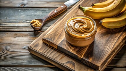 Creamy Banana Spread in Glass Jar on Wooden Board