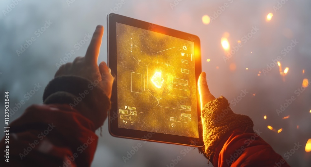 Poster Hands holding tablet displaying futuristic interface with glowing elements against smoky background.