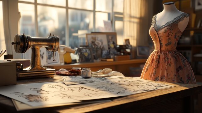 An ultra-detailed, photorealistic high-resolution 8k image of a fashion designer's workspace