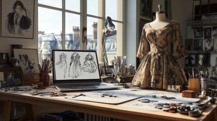 An ultra-detailed, photorealistic high-resolution 8k image of a fashion designer's workspace