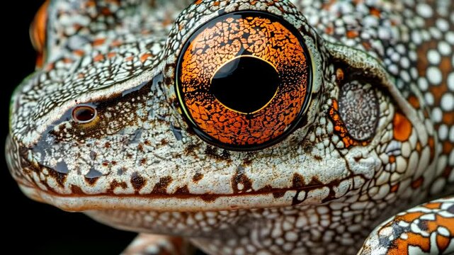 Vibrant tree frog close-up showcasing intricate patterns and striking orange eyes in a natural habitat
