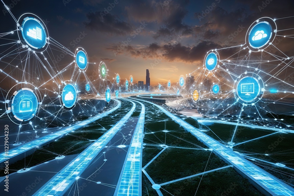 Poster dynamic connections of luminous pathways and data flow in a contemporary technology ecosystem